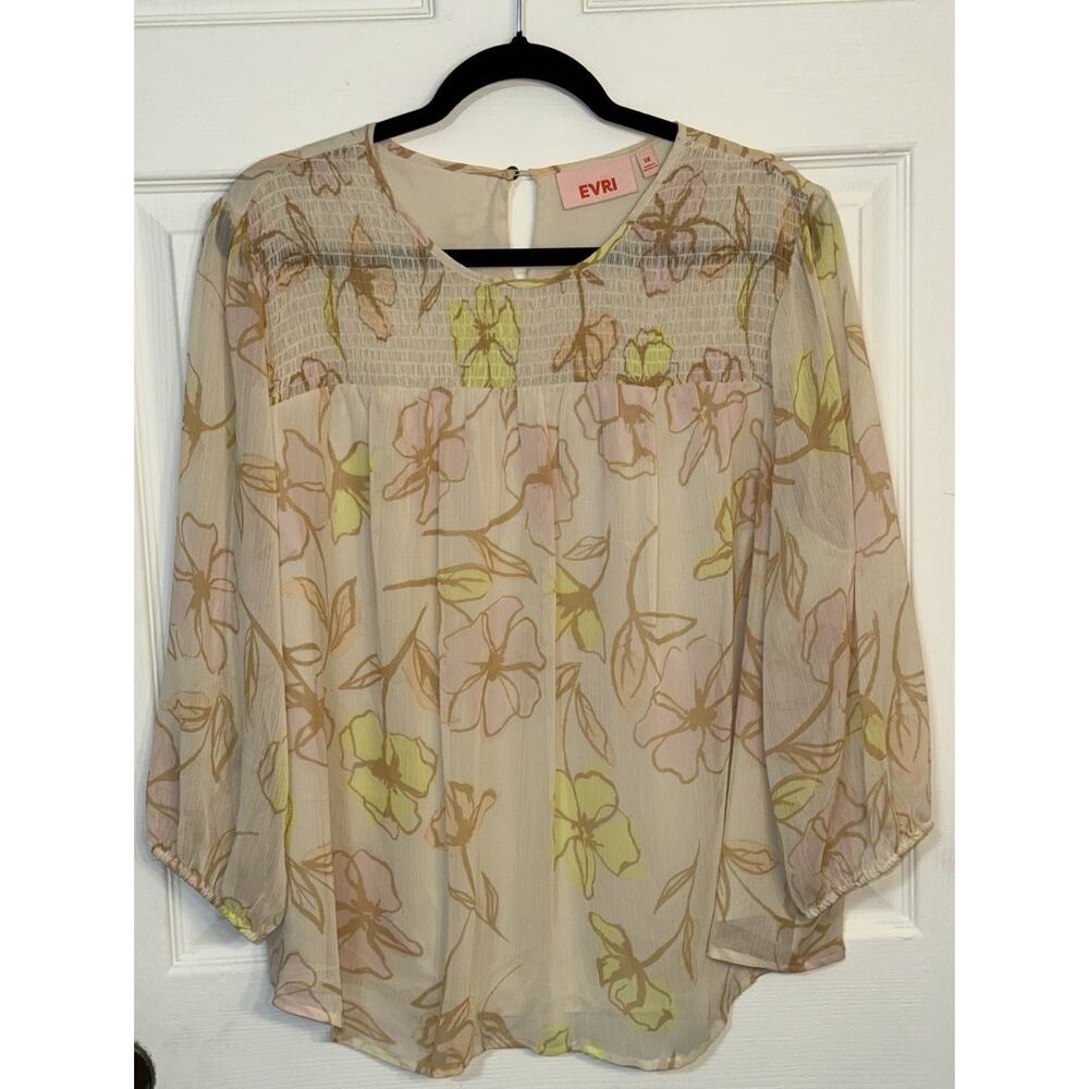 Evri Tan &‎ Yellow Floral Smocked Accent 3/4 Sleeve Blouse 1X Flowy Lined